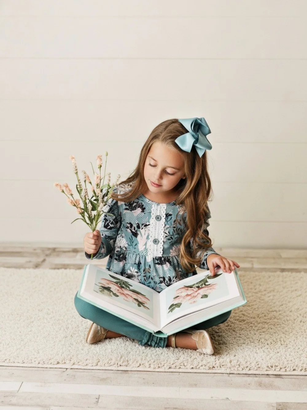 Girls Sage Floral Tunic Set with Lace Detail And Ruffle Leggings